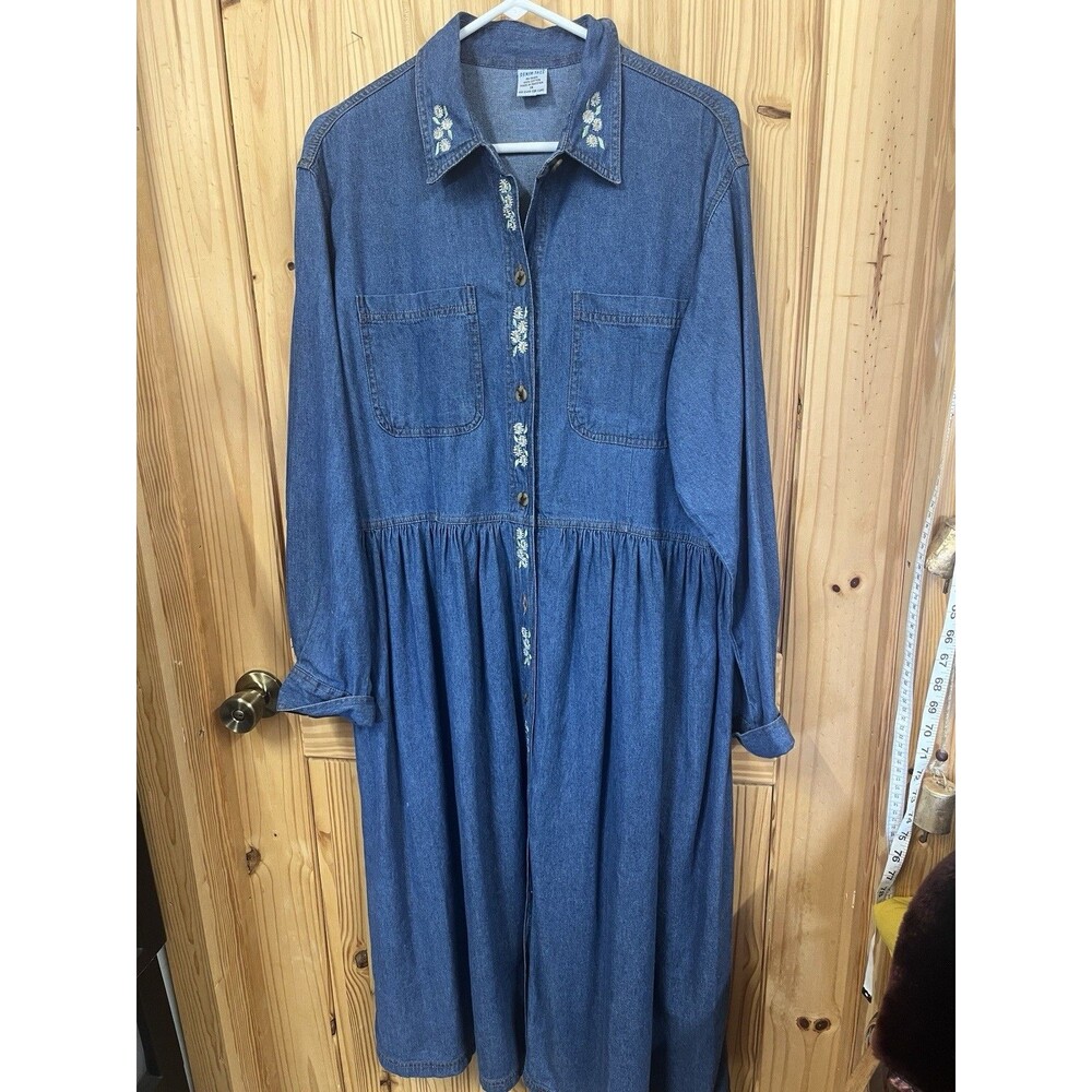 Denim Jazz Dress Grandma Core Embroidered Daisy’s Maxi 1x Vintage Teacher 80’s